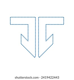 Vector illustration of down arrow. Icon flat style, dotted line color blue flat style