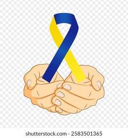 Vector illustration of Down Syndrome ribbon in hands on transparent background