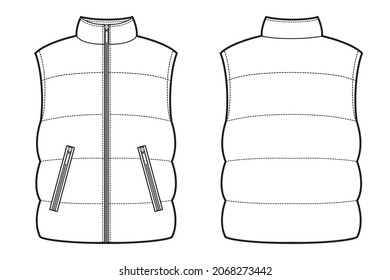 Vector illustration of down vest. Front and back views.