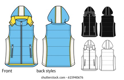 Vector illustration of down vest. Front and back views