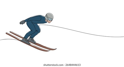 Vector illustration of a downhill skier in blue suit racing on snow, captured in an aerodynamic pose during a winter sports event.
