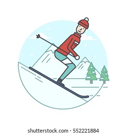 Vector illustration of the downhill skiing on snowy mountains and fir trees background. Winter sport topic.