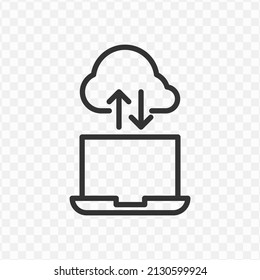 Vector illustration of download and upload on laptop icon in dark color and transparent background(png).