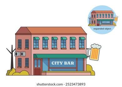 Ilustração vetorial do edifício Downtown Bar com sinal de cerveja e contorno editável	