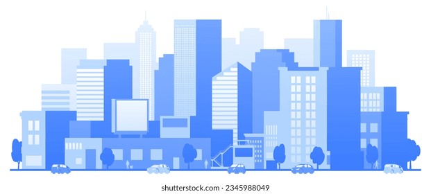 Vektorgrafik der Innenstadt einzeln auf weißem Hintergrund. Cartoon urbane Stadtlandschaft mit Geschäft, Immobilien und Wolkenkratzern. Blaue Stadtlandschaft.