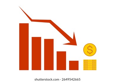Vector illustration of a downward business chart with arrow and falling coins, representing financial loss, market decline, or economic crisis.