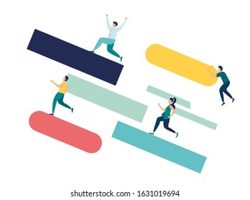 Vector illustration, downward movement of the dynamics of geometric shapes, resistance to movement, people run up to the goal