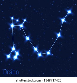 Vector illustration of Draco constellation. Astronomical Dragon. Cluster of realistic stars in the dark blue starry sky.