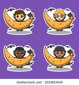 Vector illustration of Dracula behind Moon with bats cartoon characters. Cute Boys in Halloween Dracula costumes. Halloween Vampire cartoon Vector illustration.