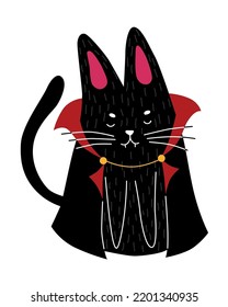 Vector illustration of Dracula the cat. Flat clip art of a black cat in the mantle of Dracula.