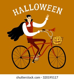 Vector illustration with Dracula on city bicycle with pumpkin in basket. Halloween illustration.