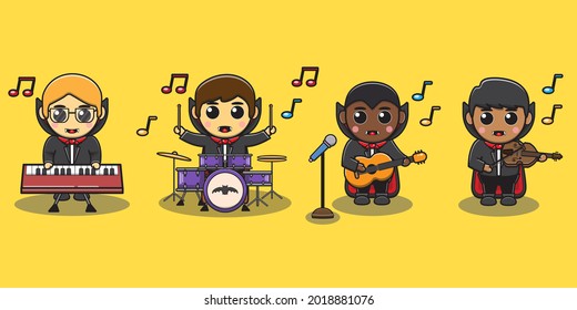 Vector illustration of Dracula playing music band cartoon characters. Cute Boys in Halloween Dracula costumes. Halloween Vampire cartoon Vector illustration.