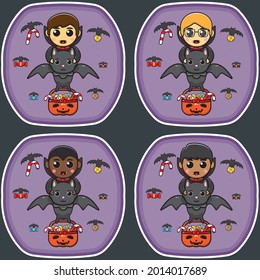 Vector illustration of Dracula riding Bat with basket candy cartoon characters. Cute Boys in Halloween Dracula costumes. Halloween Vampire cartoon Vector illustration.
