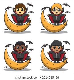 Ilustración vectorial de Drácula sobre personajes de caricaturas de la luna. Chicos con trajes de Drácula de Halloween. Caricatura del Vampiro de Halloween Ilustración vectorial.