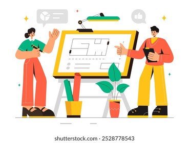 Ilustração vetorial de um engenheiro ou arquiteto de desenho Trabalhando em uma placa de desenho, projetando planos e criando projetos para projetos de construção