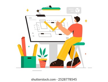 Vector illustration of a Drafting Engineer or Architect Working on a Drawing Board, Projecting Plans and Creating Drafts for Construction Projects