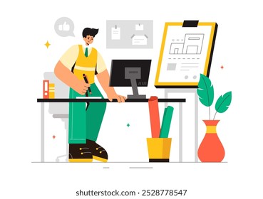 Ilustração vetorial de um engenheiro ou arquiteto de desenho Trabalhando em uma placa de desenho, projetando planos e criando projetos para projetos de construção