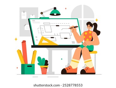 Vector illustration of a Drafting Engineer or Architect Working on a Drawing Board, Projecting Plans and Creating Drafts for Construction Projects