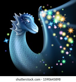 Vector illustration dragon blue magic glowing, magical sparks of light around the wings