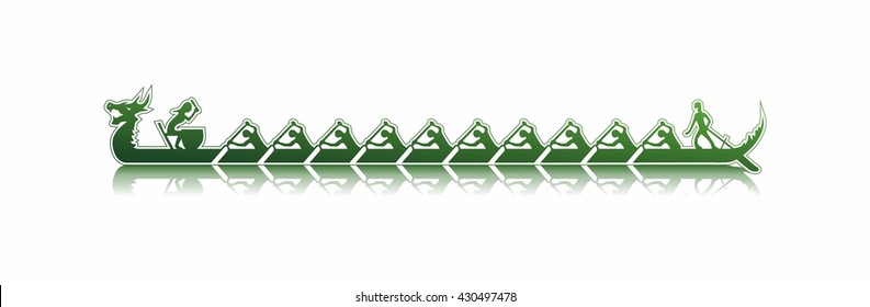 vector illustration of a dragon boat in action, shades of green sticker style on white background, dragon boat reflecting in water