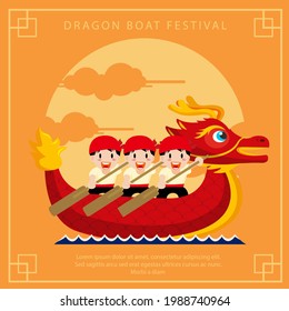Vector illustration for Dragon Boat Festival in flat style, with a rowing dragon boat in strong waves, Chinese translation: happy Dragon Boat Festival.