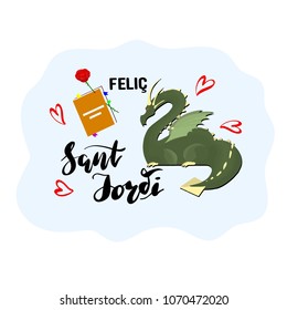 Vector illustration of dragon, book, rose with lettering. Diada de Sant Jordi (the Saint George's Day). Symbols of Traditional festival in Catalonia, Spain. 