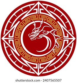 vector illustration of a dragon for Chinese New Year decoration, with a square and circle frame with traditional accents