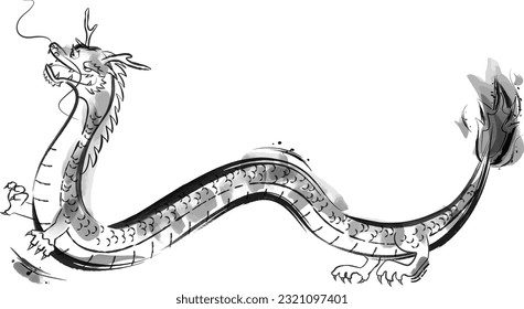 Vector illustration of a dragon in a cool ink painting style. Black and white.