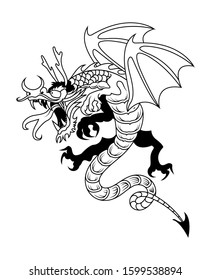 A vector illustration of a dragon in flight inspired by old Chinese decorations and drawings.