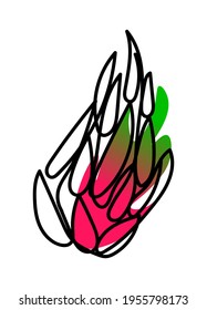 Vector illustration of dragon fruit or pitaya in one line endless style. Green and pink abstract spot background. Can be applied as a sticker, icon, logo.