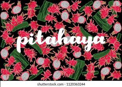 vector illustration of dragon fruit/pitahaya and cactus design with lettering pitahaya background black fruit EPS10