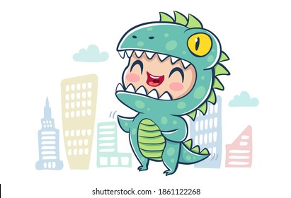 Vector illustration of a dragon in kawaii style. Illustration of a cute kid in lizard costume and buildings. Halloween monster in city.