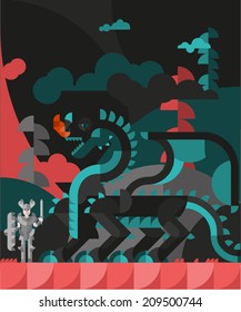 Vector illustration of a dragon knight and forests. Flat.