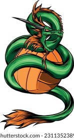 vector illustration of dragon mascot around volleyball