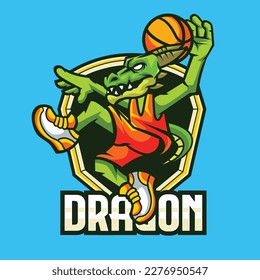 Vector illustration of dragon mascot with basketball player pose with sport logo style