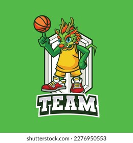 Vector illustration of dragon mascot with basketball player pose with sport logo style