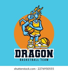 Vector illustration of dragon mascot with basketball player pose with sport logo style