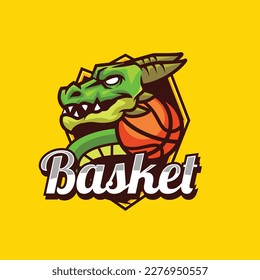 Vector illustration of dragon mascot with basketball player pose with sport logo style