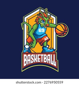 Vector illustration of dragon mascot with basketball player pose with sport logo style