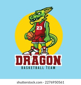 Vector illustration of dragon mascot with basketball player pose with sport logo style