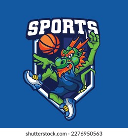 Vector illustration of dragon mascot with basketball player pose with sport logo style