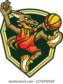 Vector illustration of dragon mascot with basketball player pose with sport logo style