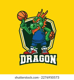 Vector illustration of dragon mascot with basketball player pose with sport logo style