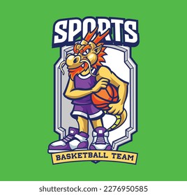 Vector illustration of dragon mascot with basketball player pose with sport logo style