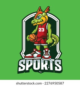 Vector illustration of dragon mascot with basketball player pose with sport logo style