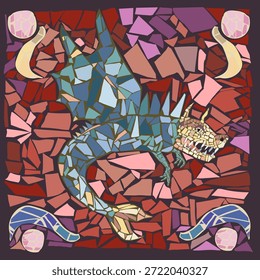 Ilustración vectorial con un mosaico de dragón sobre un fondo rojo. Dibujado a mano y colocado piezas de azulejos. Ilustración original.