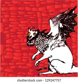A vector illustration of the dragon on front of a red wall.