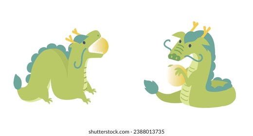 Vector illustration of dragon with sacred gem on white background.