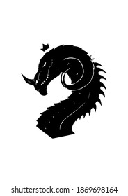 Vector illustration of Dragon silhouette head isolated on white background. Mystic Black dragon for t shirt design, print. Temporary Tattoo dragon design. 