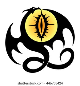 vector illustration, dragon tattoo design with eye symbol, black and white graphics with yellow background.